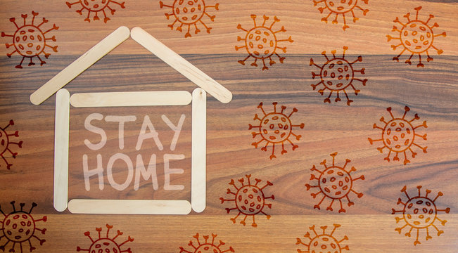 Stay Home Text Corona Virus Pattern Wooden Background