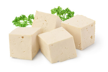 Heap of diced tofu cheese isolated on white background with clipping path and full depth of field,