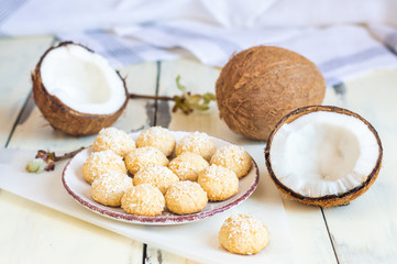 Coconut cookie, decorated with coconut flakes 