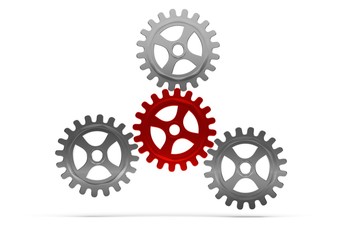 Three metal cogwheel gears attached to a central red wheel over white background, teamwork, connection or communication abstract concept