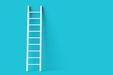 Deurstickers Single white ladder leaning against pastel blue wall minimal career, opportunity or goal concept © Shawn Hempel