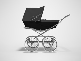 3D rendering black baby stroller with trunk in side view gray background with shadow