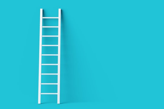 Single white ladder leaning against pastel blue wall minimal career, opportunity or goal concept
