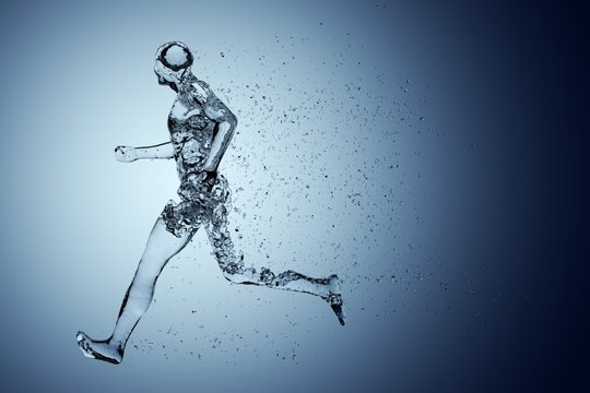 Human body shape of a running man filled with blue water on blue gradient background - sport or fitness hydration, healthy lifestyle or wellness concept
