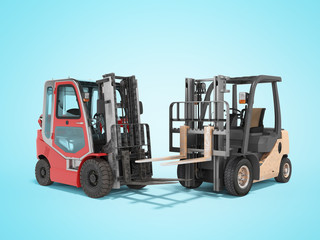 3d rendering of group of forklift trucks for warehouse on blue background with shadow