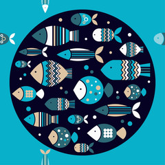 Seamless pattern with fishes in the sea. Cute cartoon. Vector illustration for web design or print.