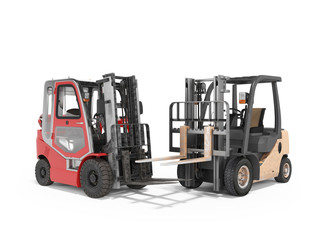 3d rendering of group of forklift trucks for warehouse on white background with shadow