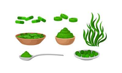 Spirulina Plant with Organic Product in Powder and Pills Vector Set