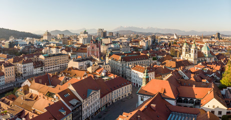 Panoramic view of Ljubljana, capital of Slovenia, at sunset. Empty streets of Slovenian capital...