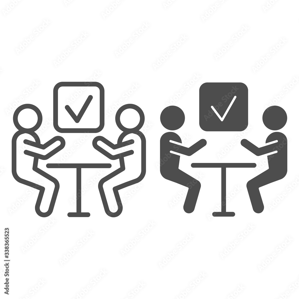 Poster business meeting line and solid icon. two person at the table and marker checkbox outline style pict