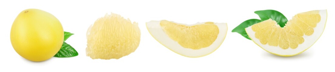 pomelo with slice and leaf isolated on white background. Set or collection