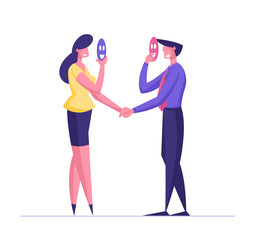 Dishonest Cheating Agreement, Faking and Betray Business Partnership Concept. Businessman and Businesswoman Characters Holding Mask Hiding Face and Shaking Hands. Cartoon People Vector Illustration