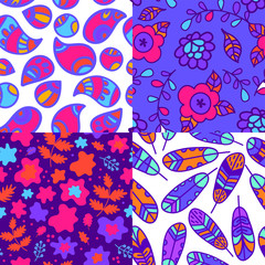 Obraz premium set of four colorful oriental seamless vector pattern for textile print and wallpaper. hand drawn abstract hippie background