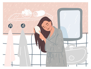 Stay home poster design. Wall art hand drawing. Female brushing hair  in bathrobe. Bathroom illustration with towels, mirror, sink, tiles. Daily routine, spa, self care activity. Cute background.