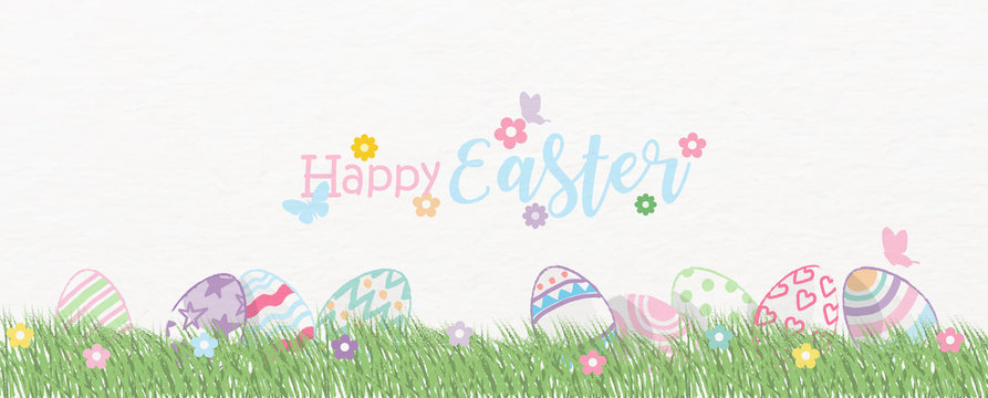 Colorful Easter eggs in grass land with colorful flowers and Happy Easter wording on white paper pattern background. Easter eggs hunt greeting card in crayon style and banner vector design.