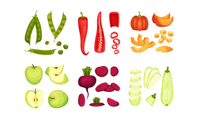 Whole and Chopped Vegetables and Fruits Vector Set