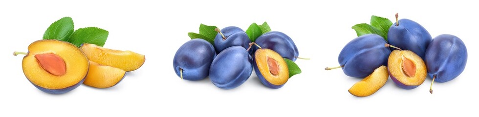 fresh blue plum with leaves isolated on white background. Set or collection