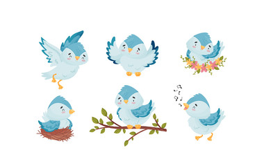 Cute Blue Bird Sitting in the Nest and Flying with Spread Wings Vector Set