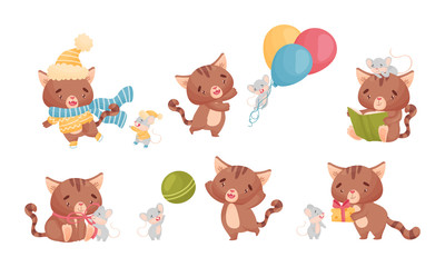 Funny Kitten with Striped Tail Playing with Tiny Mouse Friend Vector Set