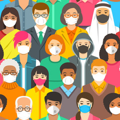 Crowd of people in protective medical face masks. Spread of coronavirus from person to person prevention. Wearing respirators to prevent covid-19 infection. Coronavirus pandemic. Global quarantine