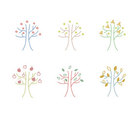 北欧風手描きの木のイラストセット／かわいい／森