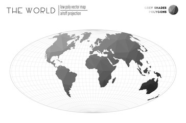 World map in polygonal style. Aitoff projection of the world. Grey Shades colored polygons. Trending vector illustration.