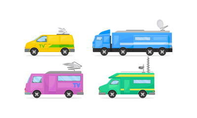 Broadcasting Cars with Satellite Dish on the Roof Vector Set