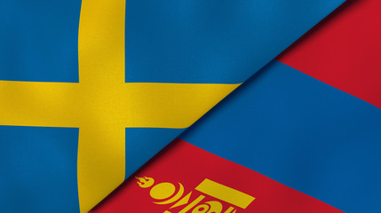 The flags of Sweden and Mongolia. News, reportage, business background. 3d illustration