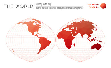 Abstract world map. Quartic authalic projection interrupted into two hemispheres of the world. Red shades colored polygons. Awesome vector illustration.