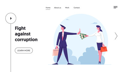 Anti Corruption Landing Page Template. Woman Give Envelope with Money to Businessman who Refuse Taking Bribe. Businesspeople during Corruption Deal. Cartoon People Characters Vector Illustration