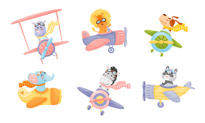 Cute Animals Wearing Aviator Goggles Flying an Airplane with Scarf Fluttering Behind Vector Set