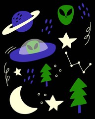 Space set. UFO, stars, planets, moon.Black background. Cartoon hand drawn vector illustration.