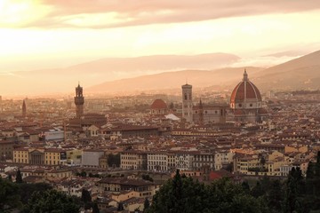 Fototapeta na wymiar View of the city of Florence Italy at sunset, highlights the Duomo, the Cathedral of Florence Santa Maria del Fiore and the Palazzo Vecchio.
