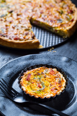 Quiche Lorraine - traditional French tart with pastry crust, bacon and leek