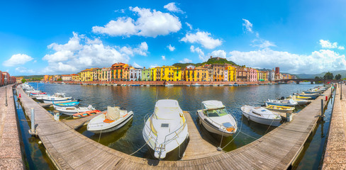 Panoramic cityscape of Bosa town on Temo river