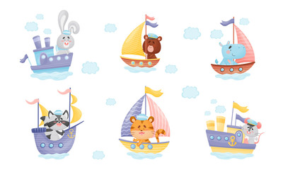 Fototapeta na wymiar Cartoon Animals in Sailor Hats Boating and Sailing Vector Set