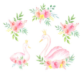 Watercolor Swans and Bouquets Set