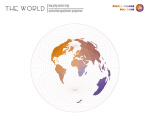 Abstract world map. Azimuthal equidistant projection of the world. Purple and orange colored polygons. Trending vector illustration.