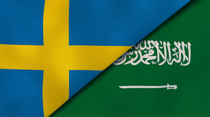 The flags of Sweden and Saudi Arabia. News, reportage, business background. 3d illustration