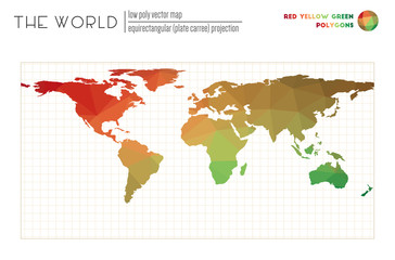 World map with vibrant triangles. Equirectangular (plate carree) projection of the world. Red Yellow Green colored polygons. Contemporary vector illustration.