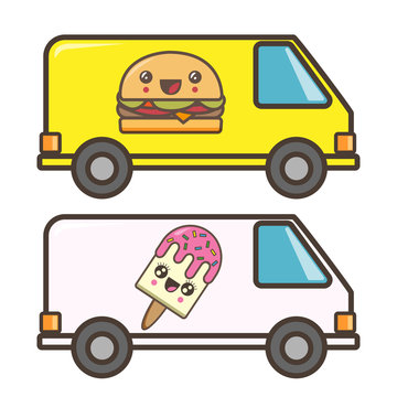 Cute cars with the image of a burger and ice cream. Kawaii illustration fast food set.