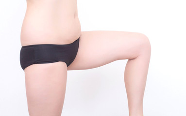 Distressed female legs with saggy skin on the thighs and cellulite on a white background, isolate. The concept of skin tone and proper nutrition, body care, plastic surgery