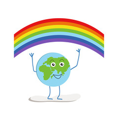 Fun planet Earth after infection. We defeated the virus. Rainbow as a sign of hope for recovery. World coronavirus. Earth day.