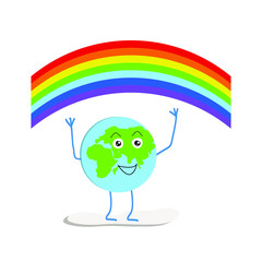 Fun planet Earth after infection. We defeated the virus. Rainbow as a sign of hope for recovery. World coronavirus. Earth day.