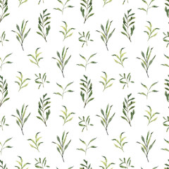 Naklejka na ściany i meble Beautiful seamless pattern with watercolor foliage. Hand painted illustration. Green branches and leaves. Best for background, wallpaper, wrapping paper, textile, bedding fabric, prins, fashion design