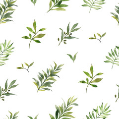 Beautiful seamless pattern with watercolor foliage. Hand painted illustration. Green branches and leaves. Best for background, wallpaper, wrapping paper, textile, bedding fabric, prins, fashion design
