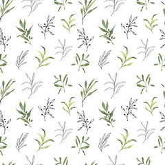 Fototapeta na wymiar Beautiful seamless pattern with watercolor foliage. Hand painted illustration. Green branches and leaves. Best for background, wallpaper, wrapping paper, textile, bedding fabric, prins, fashion design