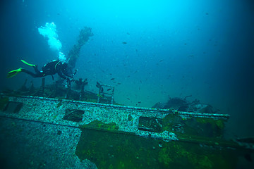 shipwreck diving landscape under water, old ship at the bottom, treasure hunt