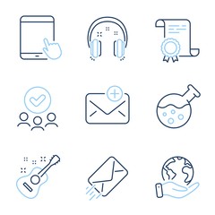 New mail, Guitar and E-mail line icons set. Diploma certificate, save planet, group of people. Headphones, Chemistry lab and Tablet pc signs. Add e-mail, Acoustic instrument, Mail delivery. Vector
