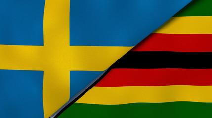 Obraz premium The flags of Sweden and Zimbabwe. News, reportage, business background. 3d illustration